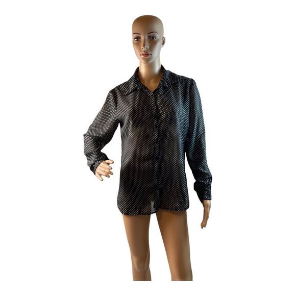 Aleccra Tops - Aleccra Womens Black White Polka Dot Button Long Sleeve  Shirt Blouse Medium